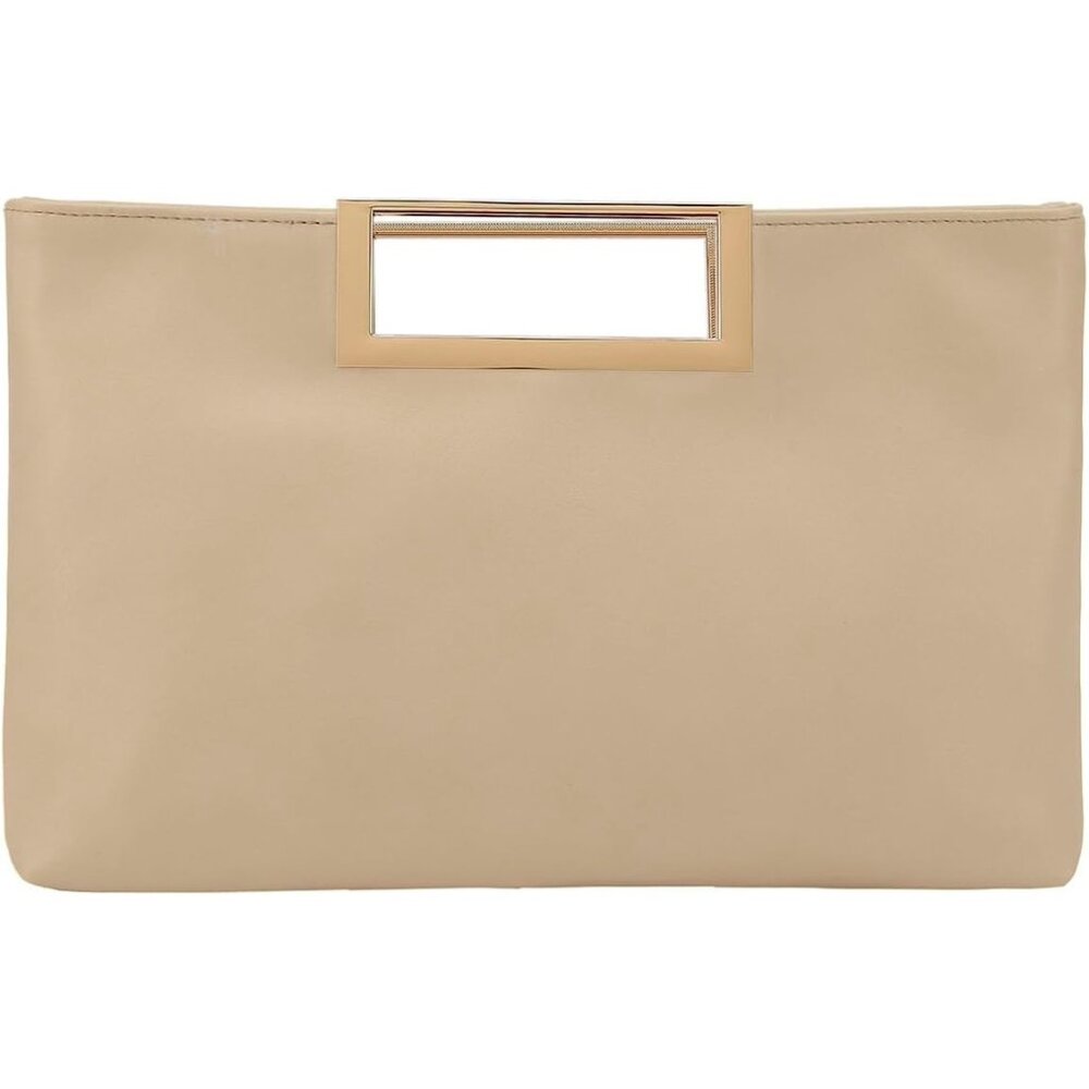 Women's Tan Vegan Leather Metal Handle Chain Strap Fashion Stylish Clutch